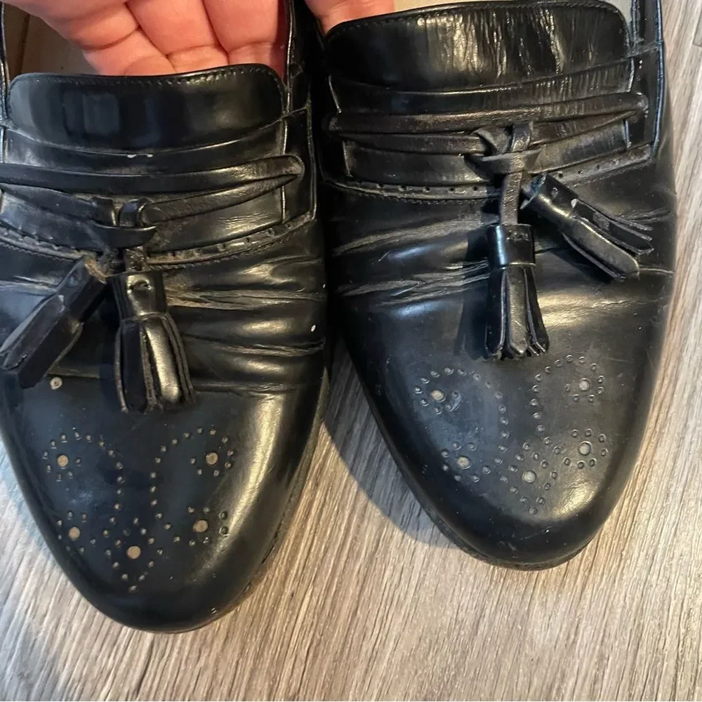 BALLY Vintage Black Leather Tassel Perforated Loafers